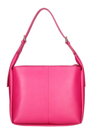 Borsa a tracolla in pelle rosa acceso con una singola tracolla regolabile e superficie liscia, su sfondo bianco.