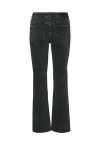 Vaqueros negros acampanados con una cinturilla de altura media, dos bolsillos traseros y una textura de denim suave. Presenta detalles de costura sutiles.