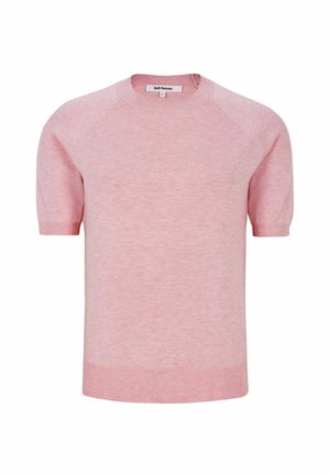 Jersey de manga corta en punto rosa claro. Presenta escote redondo, dobladillo acanalado y textura suave. Las mangas ranglán mejoran la comodidad y el ajuste.