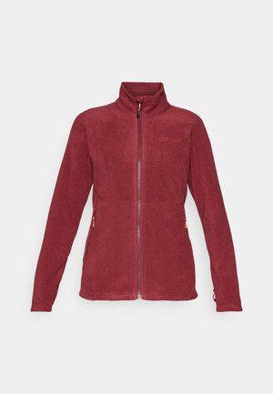 Burgundska flisasta jakna z visokim ovratnikom, sprednjim zadrgo in dvema stranskima žepoma. Ima minimalni logotip na prsih.