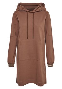 Abito a felpa marrone con tasca frontale, cappuccio con cordino regolabile e maniche lunghe con polsini a righe. Realizzato in un tessuto morbido e strutturato.