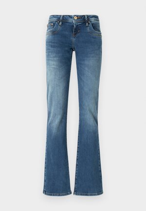 Schmal zulaufende Jeans aus Denim in Mittelblau mit kontrastierenden Nähten, fünf Taschen und einem klassischen Knopf- und Reißverschluss.