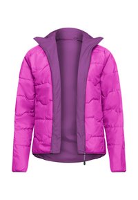 Felroze doorgestikte jas met open rits aan de voorkant en een gladde paarse voering, weergegeven op een witte achtergrond.