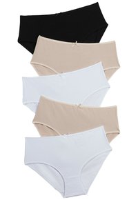 Fünf Paare Baumwollunterwäsche in Schwarz, Beige und Weiß, mit einem klassischen hochgeschnittenen Design und kleinen Schleifenakzenten am Bund.