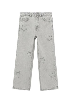 Hellgraue Jeans aus Denim mit geradem Schnitt, die mit genagelten Sternmustern auf den vorderen Taschen und Beinen verziert sind.