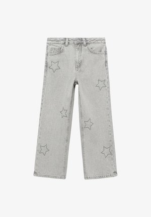 Jeans in denim grigio chiaro con gamba dritta, caratterizzati da motivi a stella con borchie sui taschini anteriori e sulle gambe.