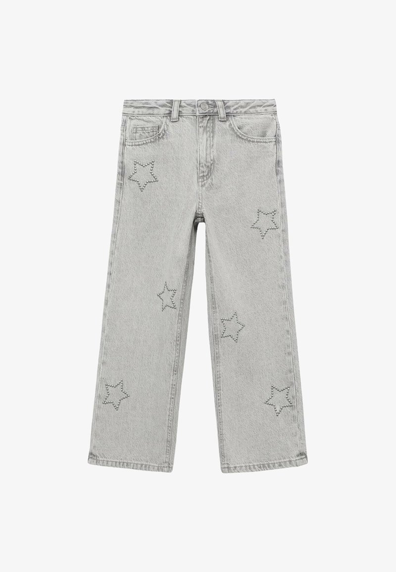 Svetlošedé džínsy s rovnými nohavicami, s vystuženými hviezdičkovými vzormi na predných vreckách a nohaviciach.