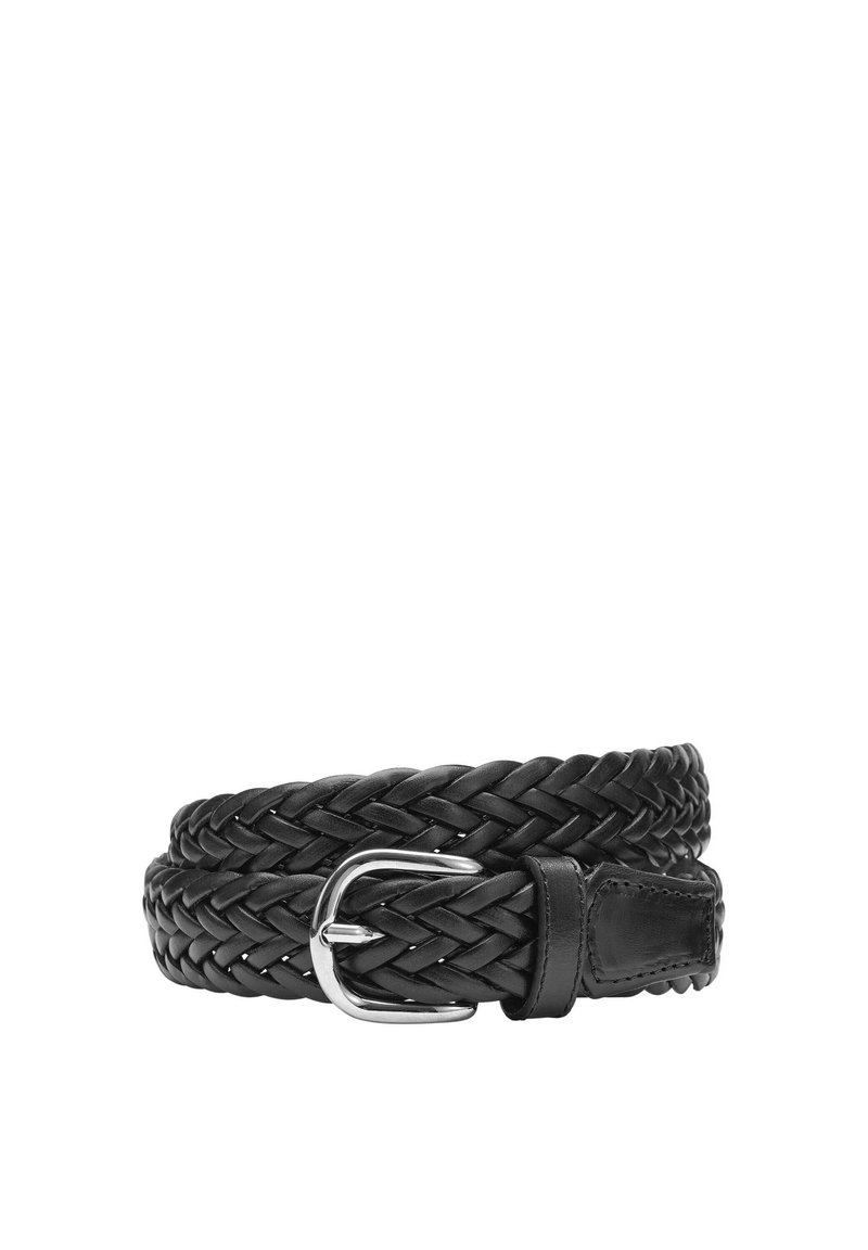 Zwarte gevlochten leren riem met een zilverkleurige metalen gesp en een glad leren houder, die een gestructureerd ontwerp en duurzame constructie laat zien.