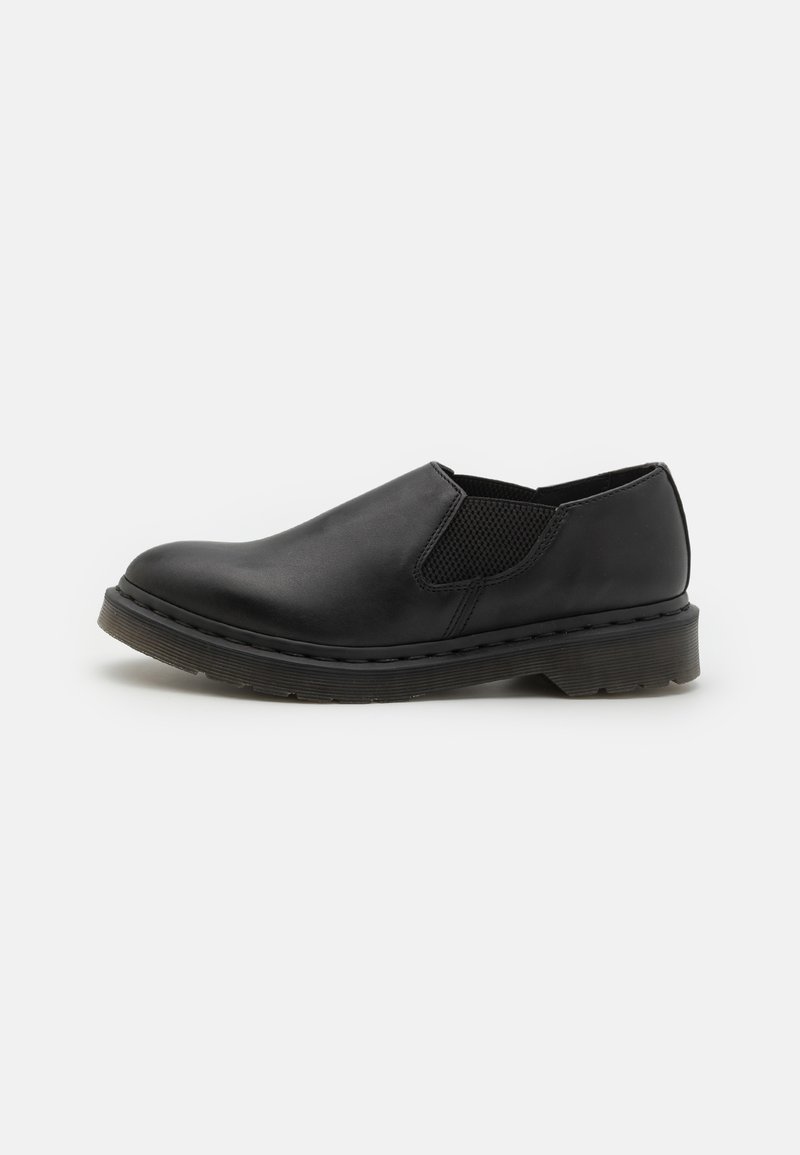 Scarpe nere slip-on realizzate in pelle liscia con pannelli laterali in rete elastica, punta arrotondata e suola in gomma spessa. Design minimalista.