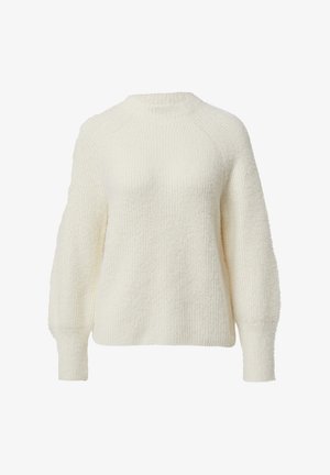 Kremowy sweter typu pulower z teksturowanym, prążkowanym wzorem i długimi, lekko bufkowatymi rękawami. Posiada okrągły dekolt.