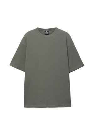 Olijfgroene t-shirt van gemêleerd katoen, met een ronde hals en korte mouwen. Casual, losse pasvorm met een effen kleur ontwerp.