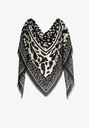 Foulard carré imprimé animal noir et blanc avec bordure à motif cœur et bords frangés, drapé avec un centre inférieur pointu.