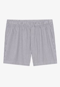 Stripede boxer shorts med elastisk talje. Fremstillet af blødt materiale med tynde lodrette striber i mørkeblå og hvid. Ingen lommer.