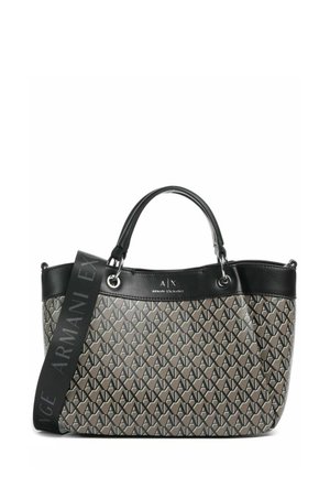 Borsa a tracolla con un motivo a monogramma in beige e nero, rifinita con dettagli in finta pelle liscia, doppi manici e una tracolla removibile.