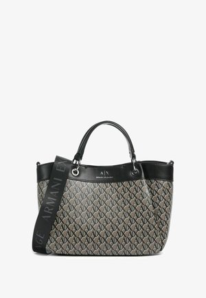 Sac fourre-tout avec un motif de monogramme en beige et noir, doté d'une garniture en simili cuir lisse, de poignées doubles et d'une bandoulière amovible.