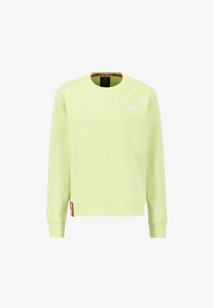 Svetlozelená mikina vyrobená z jemnej tkaniny, s okrúhlym výstrihom, rebrovanými manžetami a malým bielym logom na hrudi.