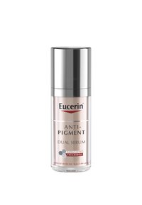 Eucerin Anti-Pigment Dual Serum in einer transparenten, zylindrischen Flasche mit einem silbernen Deckel; präsentiert Branding und Etikett des Hauptbestandteils in Rot und Schwarz.