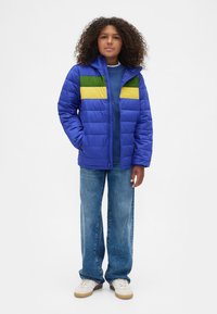 Vadderad jacka i klarblått med gröna och gula horisontella ränder över bröstet. Har huva och dragkedja. Bärs över en blå tröja.