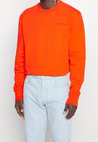 Světlý oranžový svetr s dlouhým rukávem a kulatým výstřihem, s jemně vyraženým značkovým logem. V kombinaci se světle modrými džíny.