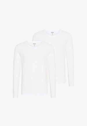 Two long-sleeve white T-shirts made of soft cotton, featuring a V-neck design and a simple, unadorned appearance.