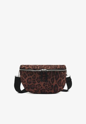 Kruis lichaamstas met luipaardprint in bruin en zwart, met een ritssluiting, stoffen materiaal en een verstelbare zwarte schouderband.