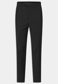 Pantaloni neri su misura con una silhouette a gamba dritta, dotati di chiusura con bottone e un tessuto liscio. Stile semplice e classico.