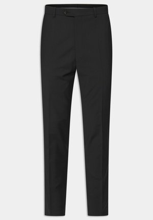 Pantaloni neri su misura con una silhouette a gamba dritta, dotati di chiusura con bottone e un tessuto liscio. Stile semplice e classico.