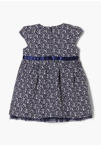 Granatowa sukienka w kwiaty z krótkimi rękawami, elastycznym pasem i satynowym paskiem. Posiada marszczoną spódnicę z przezroczystą podwójną warstwą, co dodaje objętości.