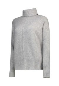 Pull gris clair en maille avec un col montant, une coupe ample, des poignets et un ourlet côtelés. Texture lisse avec un détail subtil de couture diagonale.