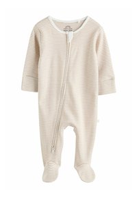 Randig babybody i beige och krämfärgad, med lång ärm, fotsydd design, en dragkedja framtill och en rund halsringning med en dragtab.