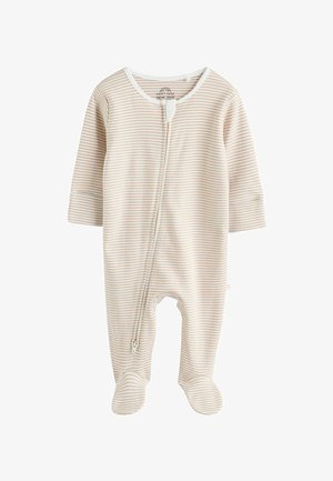 Juostuota kūdikių kombinezonas smėlio ir grietinėlės spalvų, su ilgomis rankovėmis, uždaru dizainu, priekyje užtrauktuku ir apvaliu iškirpimu su gaubtu.