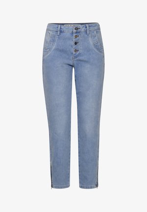 Heledad sinine denimist püksid kõrge vöökoht, viie nupuga sulgemine, kaks küljetaskut ja tõmblukuga detailid pahkluude juures. Sile tekstuur.