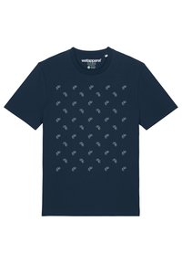 Navy T-Shirt aus Baumwolle mit Rundhalsausschnitt, versehen mit einem gedruckten Muster kleiner weißer Fahrräder, die in einem Raster angeordnet sind.