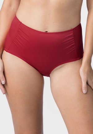 Bas de maillot de bain taille haute en bordeaux uni avec un tissu lisse et extensible. Présente des fronces sur les côtés pour plus de détail et de couverture.