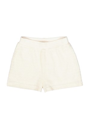 Shorts en tricot blanc avec un motif texturé, dotés d'une ceinture douce et d'une coupe ample. Le tissu est aéré, idéal pour les temps chauds.