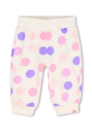 Crèmekleurige babybroek met roze en paarse stippen en een elastische taille en enkelboorden.