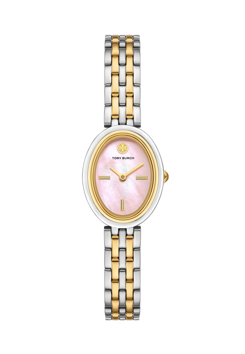 Tory Burch ur med oval pink mother-of-pearl urskive, guldfarvede timeindekser og et to-tone rustfrit stålarmbånd i guld og sølv.