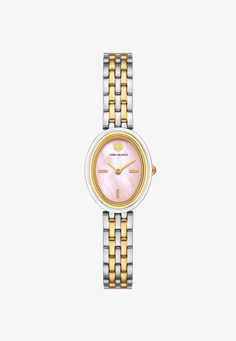 Tory Burch ur med oval pink mother-of-pearl urskive, guldfarvede timeindekser og et to-tone rustfrit stålarmbånd i guld og sølv.