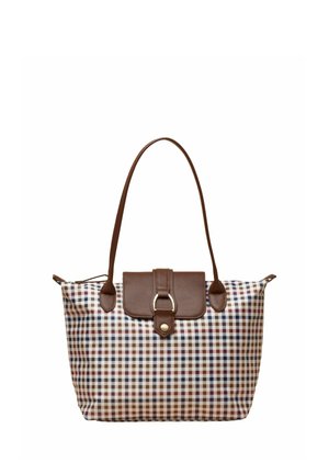 Brun, blå og beige ternet shopper taske med mørkebrune læderhåndtag og frontklap med lås og knap i guldfarvet metal.