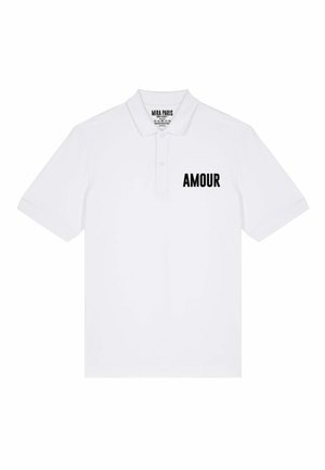 Witte poloshirt van katoen, met een zwarte 'AMOUR' print aan de linkerkant, klassieke kraag en knoopsluiting.