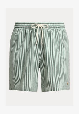 Grün-weiße vertikal gestreifte Shorts mit elastischem Bund und weißem Kordelzug vorne.
