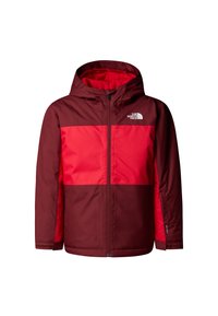 Red and burgundy hooded jacket featuring a zip front, dual-tone panels, logo on chest, and elastic cuffs for a snug fit.