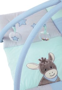 Soft blue baby play mat with a smiling donkey applique and hanging toys, including a star and a clear rattle with colorful beads.