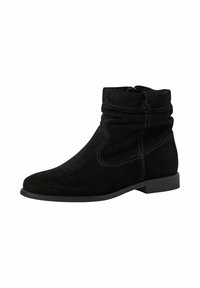 Bottines en daim noir avec un design supérieur froissé, talon plat et coutures contrastées. Fermées par une fermeture éclair latérale pour un enfilage facile.