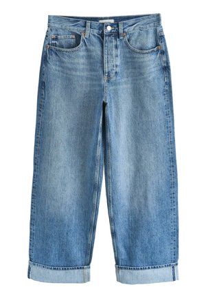 Blue denim jeans with a high waist, front button and zipper, five pockets, and wide cropped legs with rolled cuffs.