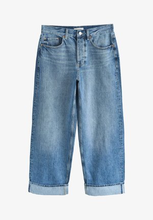 Blue denim jeans with a high waist, front button and zipper, five pockets, and wide cropped legs with rolled cuffs.