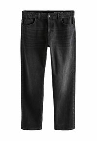 Schwarze Jeans im Straight-Fit, mit einem Fünf-Taschen-Design, subtilen Ausbleichungen und einem Knopfverschluss. Baumwollmischung mit glatter Textur.