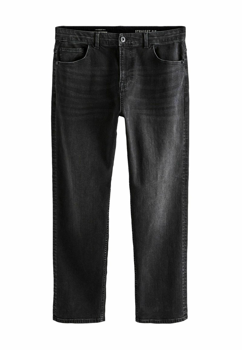 Schwarze Jeans im Straight-Fit, mit einem Fünf-Taschen-Design, subtilen Ausbleichungen und einem Knopfverschluss. Baumwollmischung mit glatter Textur.
