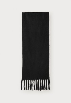 Écharpe noire en tissu doux avec une texture lisse, présentant des extrémités à franges nouées et une forme rectangulaire.