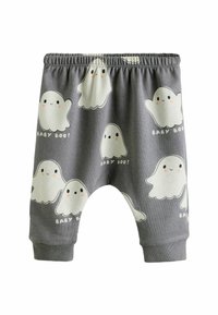 Grijze babybroekjes met een elastische tailleband, voorzien van witte spookpatronen en de tekst "BABY BOO!". Zachte katoenen stof met geribde boorden.